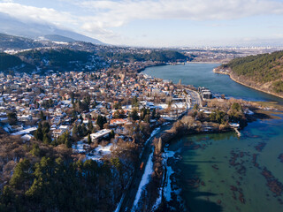 Fototapeta na wymiar Aerial winter view of Pancharevo lake, Bulgaria