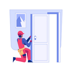 Locksmithing isolated concept vector illustration. Repairman with a screwdriver fixes the lock, house building, residential construction, locksmithing service, interior works vector concept.