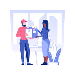 Office stationery supply isolated concept vector illustration. Smiling courier brought the parcels to the office, corporate business, stationery tools, postal service vector concept.