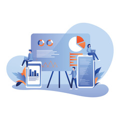 Data analysis - people analyse big data. Teamwork, coworking, workflow process. Flat concept vector illustration for web page, website and mobile website.