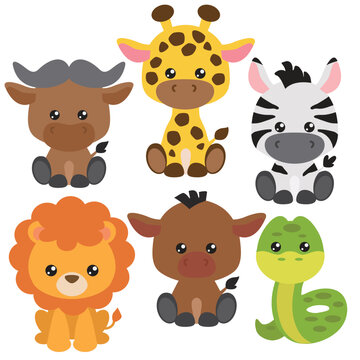 Cute sitting baby animals vector cartoon illustration.
Jungle animals. Safari animals. Zoo animals. African animals.