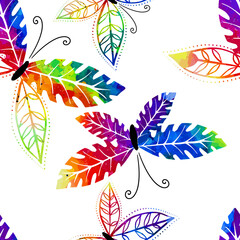 Flying butterflies in watercolor. Seamless background. Mixed media. Vector illustration