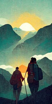 Couple hiking with backpack, traveller or explorer standing on top of mountain or cliff and looking on valley. Concept of discovery, exploration travel and adventure tourism