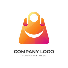 smile bag logo template, bag and smile face combination logo with 3d orange color style
