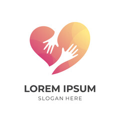 kids care logo vector, hand and love combination logo with 3d orange color style