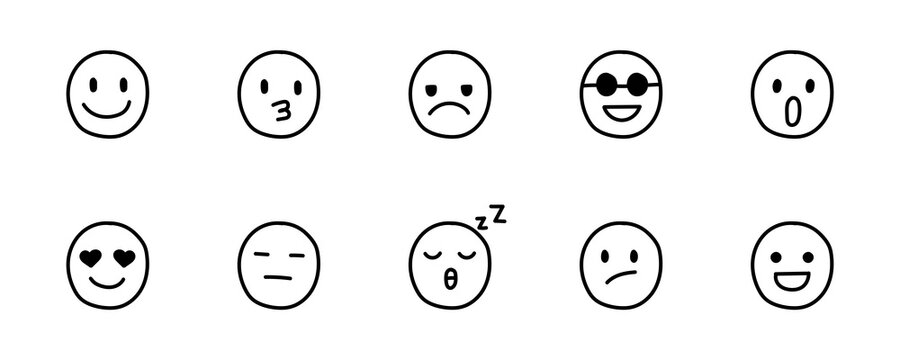 Conjunto de emoticones dibujados a mano. Expresiones faciales. Concepto de reacciones de chat. Emoji. Caritas estilo boceto