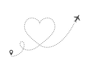 Ruta de viaje en avión en forma de corazón. Concepto de viajes. Puntos de ubicación y destino