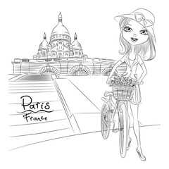 Beautiful fashion girl with a basket of flowers on bike in quarter Montmartre, Paris, France. Black and white illustration for coloring book.