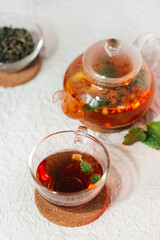 tea with sea buckthorn and mint on a light background