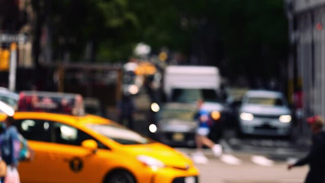 Zebra Crossing and Intersection on the Road of New York. Defocused Cityscape
