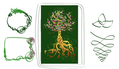 Tree of life illustration with set of frame ,elements 