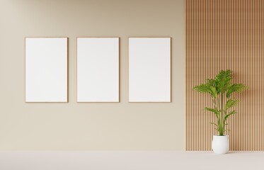 mock up poster frame in modern living room interior design background, using wood wall panelling, 3D render, 3D illustration