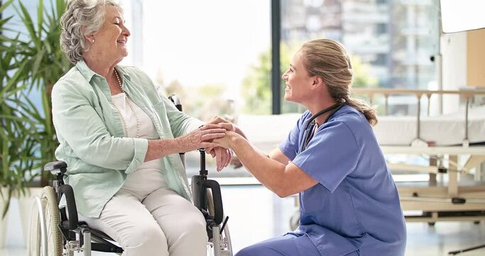 Kindness, support and care by doctor or nurse for senior woman in retirement home. Elderly patient in a wheelchair talking to health care worker. Young medical professional showing empathy