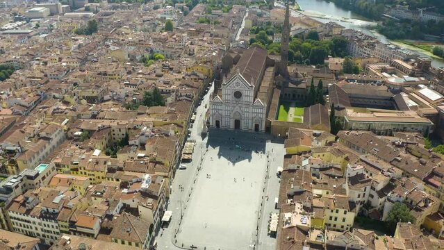 Beautiful Aerial View of Piazza Santa Croce in Florence, Italy on Hot Summer Day. The Basilica is Famous for being the Burial Place of Michelangelo, Machiavelli, and Galileo, among others.
