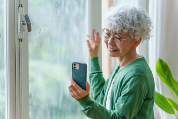 スマートフォンで災害情報を確認するシニア女性