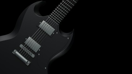Naklejka na ściany i meble Black electric guitar under black background. Concept 3D illustration of legendary rock band, advanced performance techniques and composing activities.