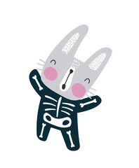Rabbit in skeleton costume. Halloween social media sticker. Cute and adorable fictional character, animal and mammal. Graphic element for printing on clothes. Cartoon flat vector illustration
