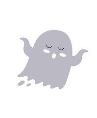 Grey ghost icon. Halloween social media sticker. Monster and demon, fictional character, graphic elements for website. International autumn holiday of horror and fear. Cartoon flat vector illustration