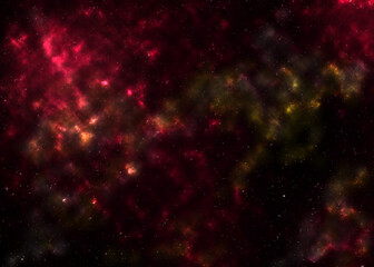 Abstract background design using a space or nabule theme, the elements used are bright red and yellow colored particles and a black background