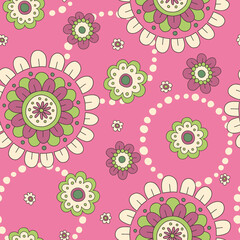 Colorful Pink and Green Large Scale Hand-Drawn Floral Vector Seamless Pattern. Retro 70s Style Nostalgic Fashion Textile Bold Background. Summer Resort Print. Daisies. Flower Power