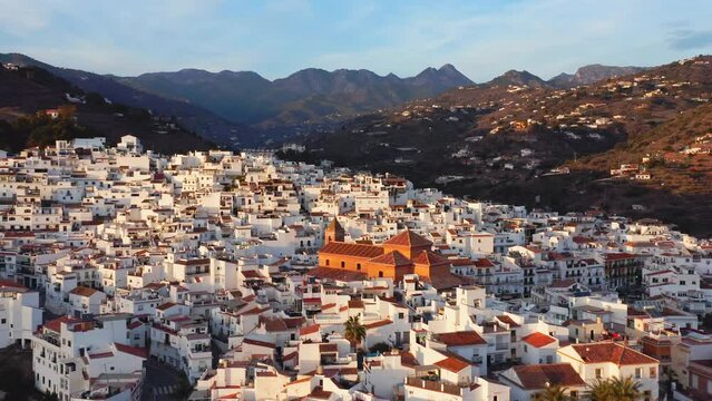 Aerial Drone View of Torrox Town in Mountains in Spain, Costa Del Sol, Andalusia (Andalucia), Europe, Traditional Spanish Town White Houses and Homes Popular in Property Real Estate Housing Market
