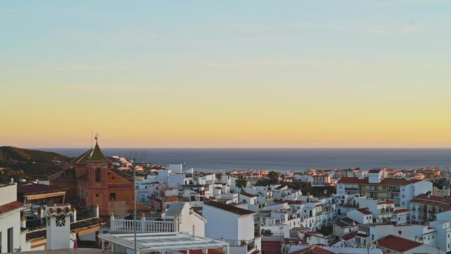Aerial Drone View of Torrox, a White Spanish Town on Costa Del Sol at Sunset, Andalusia (Andalucia), Spain, Europe, Houses with Mediterranean Ocean View, a Popular Tourist Destination