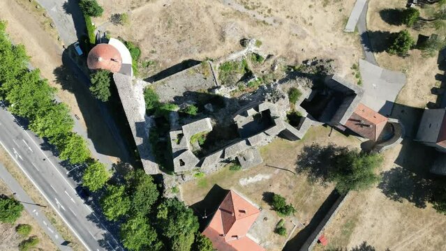 Levice Castle Hrad top down overhead rotating drone aerial, Slovakia