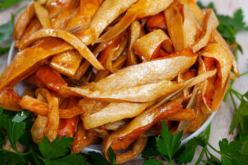 Cold smoked salmon belly strips. Popular fish product of Russian cuisine