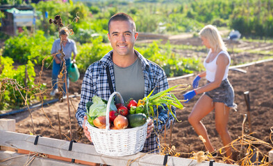 Fototapeta premium Happy farmer with basket of vegetables in the garden