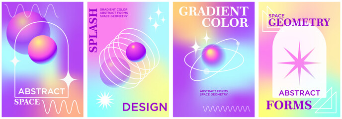 Minimalist brutalist style posters, covers with abstract geometric elements and gradient background. Modern Y2K korean Pastel banner with simple shapes and abstract graphic elements, vector set