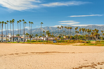 Wide sandy Santa Barbara beach with beautiful palm trees, city architecture in silhouette, mountains, and cloudy sky on background - obrazy, fototapety, plakaty