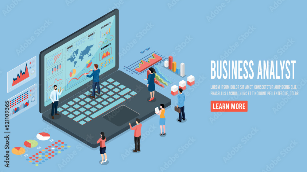 Wall mural modern 3d isometric design concept of business analysis with business people team working with data 