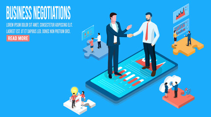 3D isometric Business negotiations concept with people worker shakehand and deal business on mobile phone. Vector illustration eps10