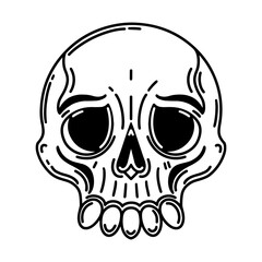Human sad skull vector icon. Hand drawn illustration isolated on white background. Black outline, simple sketch. Face, mask, dead head. Clipart for Halloween, day of the dead, logo, web, print