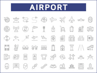 Simple Set of airport Related Vector Line Icons. Contains such Icons as flight, runway, tower, landing, travel, baggage, arrival, tourism and more.