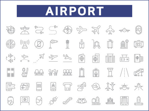 Simple Set of airport Related Vector Line Icons. Contains such Icons as flight, runway, tower, landing, travel, baggage, arrival, tourism and more.