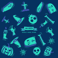 Doodle pattern Halloween with skull, pumpkin and other vector