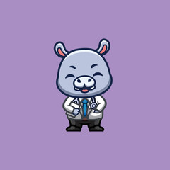 Hippo Doctor Cute Creative Kawaii Cartoon Mascot Logo