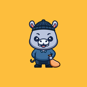 Hippo Thief Cute Creative Kawaii Cartoon Mascot Logo