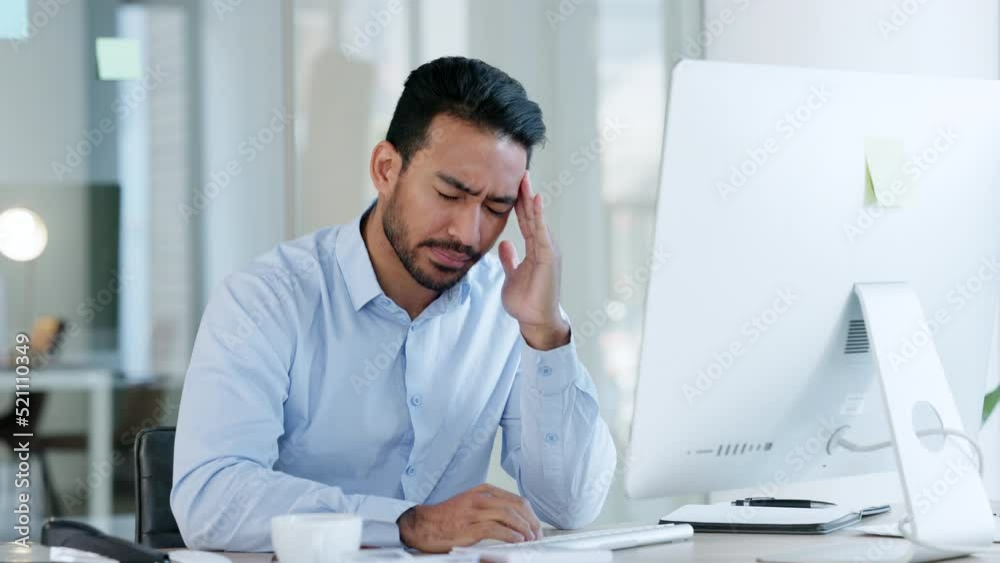 Poster Tired, stressed and exhausted office executive with a headache reading an email on computer at work. Worried, anxious and unhappy manager trying to meet deadline with problems and issues in workplace