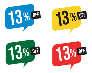 13 percent discount. Blue, yellow, green and red balloons for promotions and offers. Vector Illustration on white background.