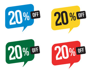 20 percent discount. Blue, yellow, green and red balloons for promotions and offers. Vector Illustration on white background.