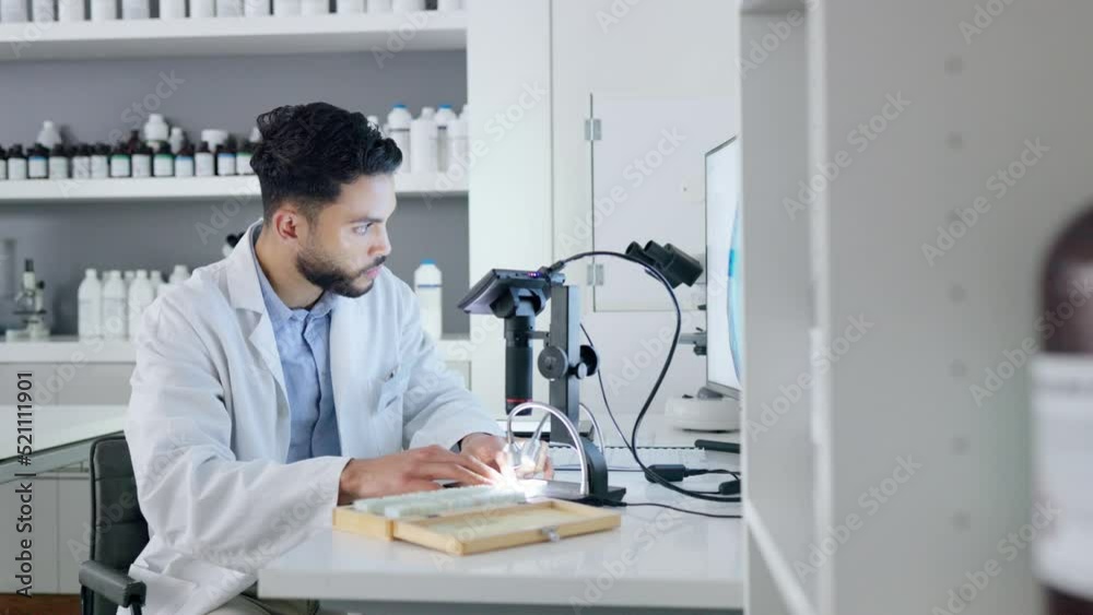 Poster healthcare, doctor and laboratory scientist using microscope to examining monkeypox virus. serious m