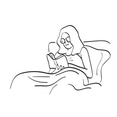 Obraz premium line art woman with glasses reading book on bedroom at night time illustration vector hand drawn isolated on white background