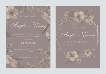 Vintage floral wedding invitation card template, ruellia tuberosa flowers and leaves in brown