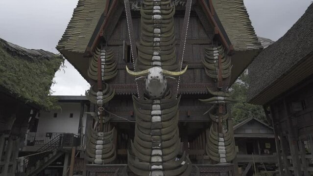 Tongkonan Traditional Ancestral House in Toraja, South Sulawesi, Indonesia - Buffalo Skulls Bones Horns in Row on Facade