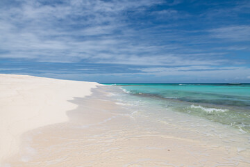 Los Roques Archipelago, Venezuela, 07.30.2022: white tropical beach in Cayo de Agua  (Water Cay).