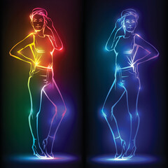 Fashion woman. Female model. Hand drawn fashion lady. Banner with neon silhouette of sexy woman figure, beautiful silhouettes, nightclub, striptease, sex shop advertisement, vector illustration