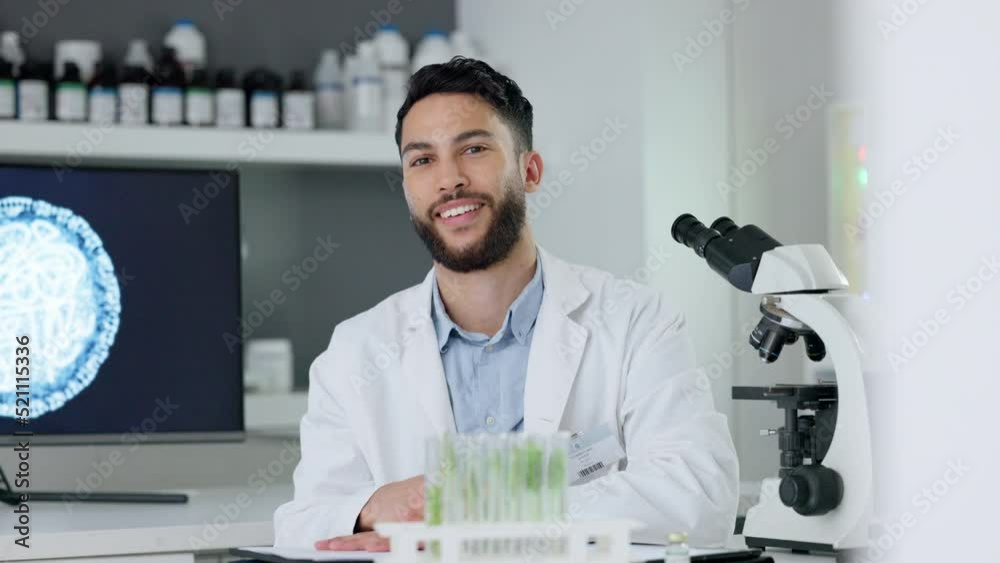 Poster biochemistry, research and innovation in a modern lab with a smart scientist working with medical sa