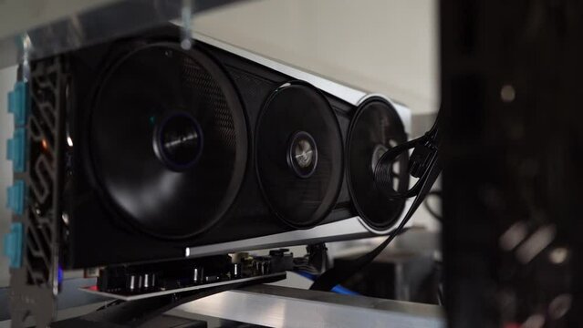 Close Up Of Graphics Card (GPU) Mining Ethereum. Cryptocurrency Mining Rig. 